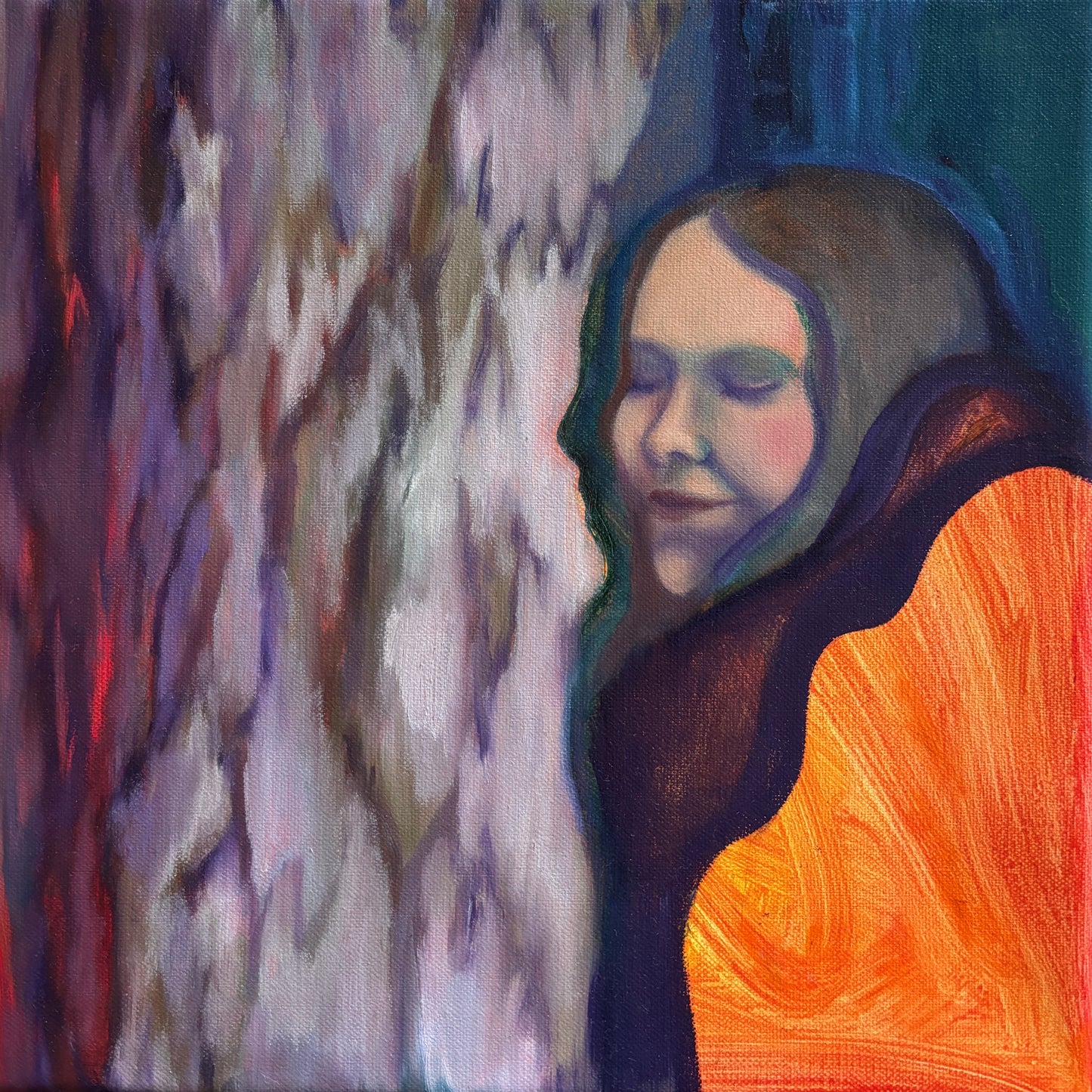 "Maadoittuminen", akryyli ja öljymaalaus pellavapohjalle, 30 x 30 cm