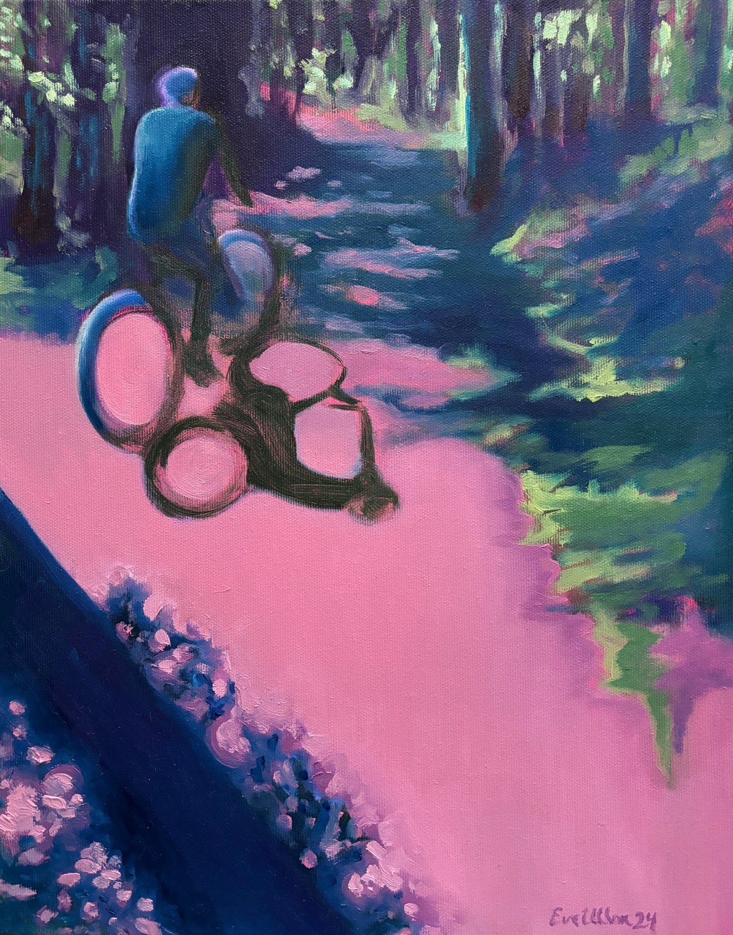 "Pyöräilijä", akryyli ja öljymaalaus puuvillapohjalle, 41 x 33 cm