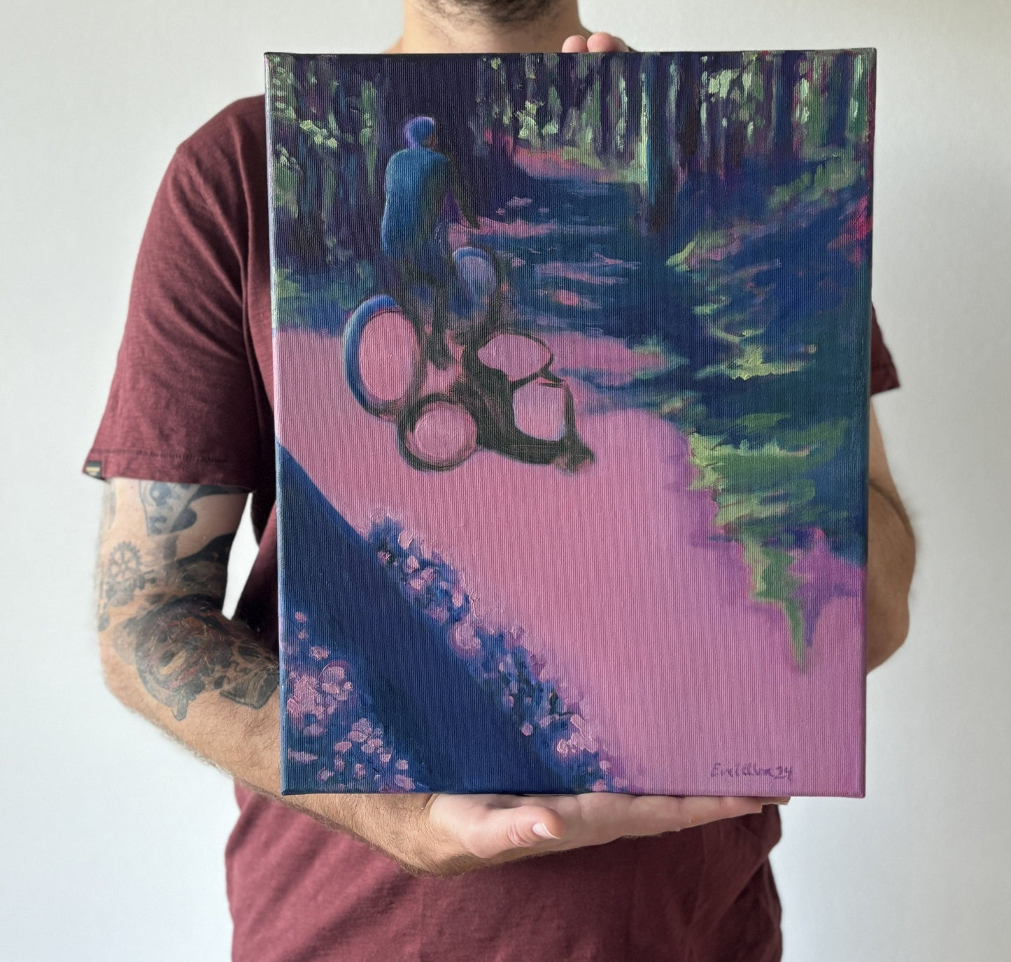 "Pyöräilijä", akryyli ja öljymaalaus puuvillapohjalle, 41 x 33 cm
